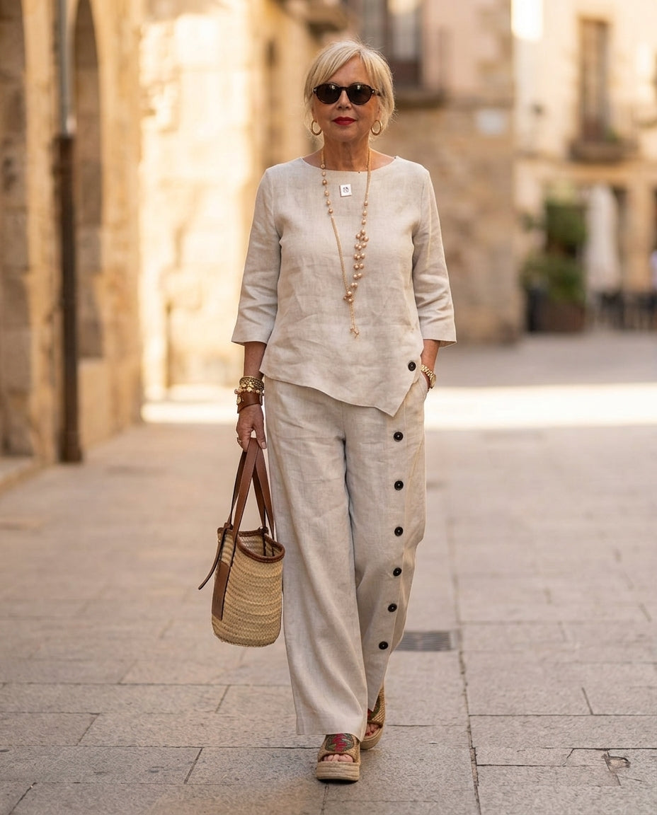 Natural Eyelet V-Neck Pant Set "Margot" Natural Pant Set with Asymmetric silhouette and Linen Blend texture, fabric and construction detail for Resort Wear, Sunset in Malibu, US Coastal Glam