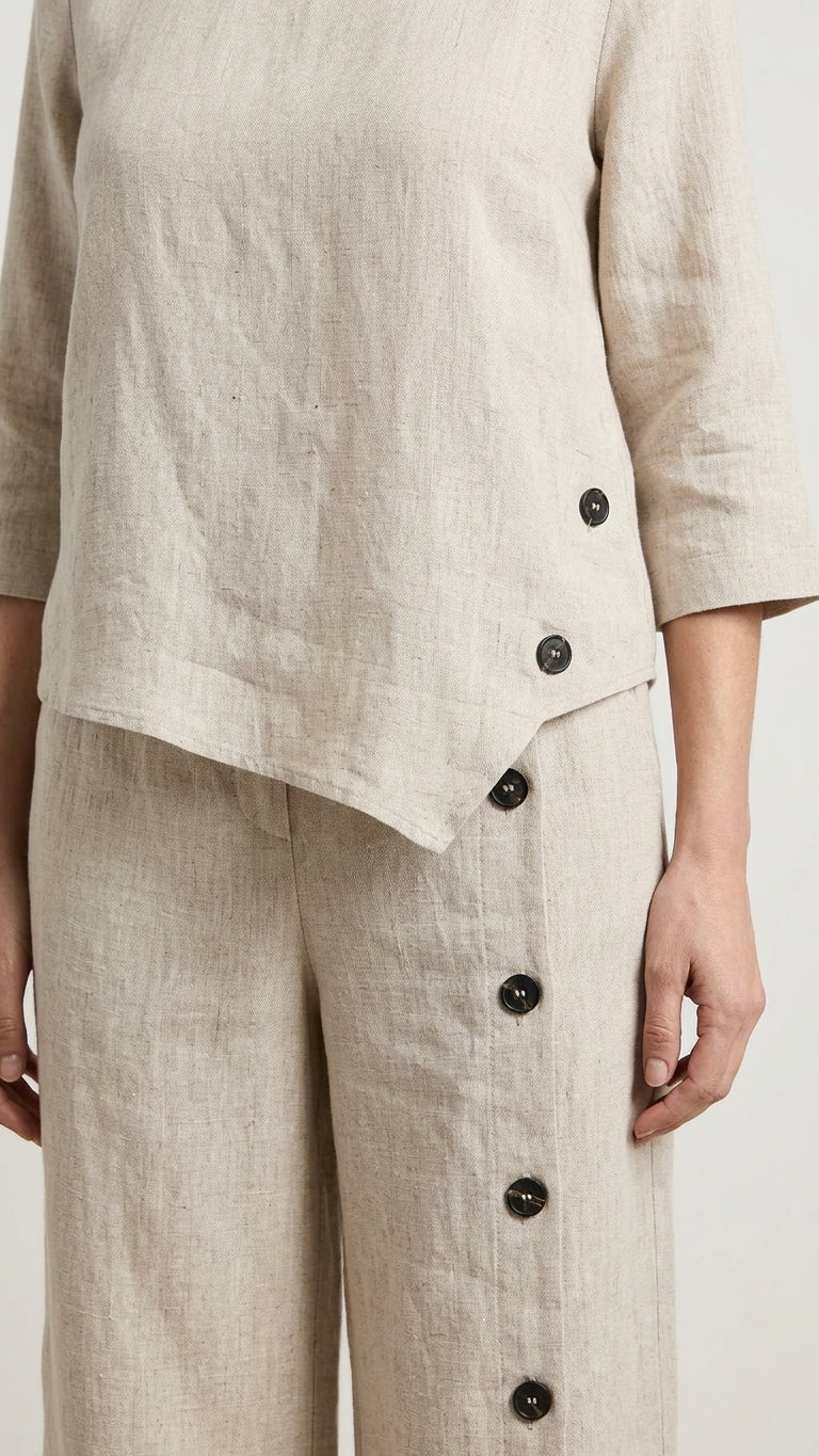 Natural Eyelet V-Neck Pant Set "Margot" Natural Pant Set with Asymmetric silhouette and Linen Blend texture, additional styling view for Resort Wear, Sunset in Malibu, US Coastal Glam
