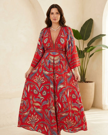 Red Eyelet V-Neck Maxi Dress "Amelie" Red Maxi Dress with Asymmetric silhouette and Textured texture, front view product image for Vacation Evening, Evening in Amalfi, Euro Chic Premium