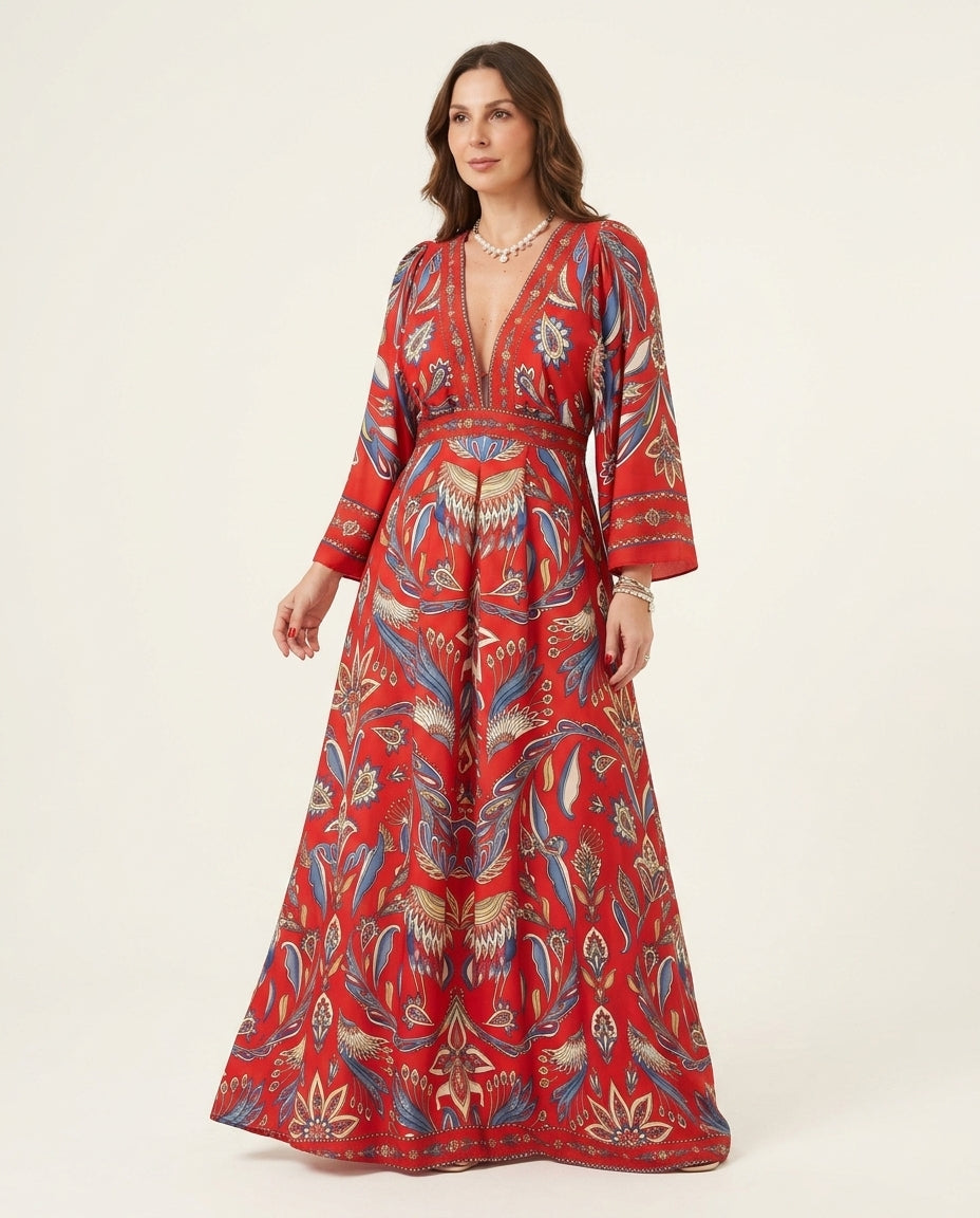 Red Eyelet V-Neck Maxi Dress "Amelie" Red Maxi Dress with Asymmetric silhouette and Textured texture, clean studio product view for Vacation Evening, Evening in Amalfi, Euro Chic Premium