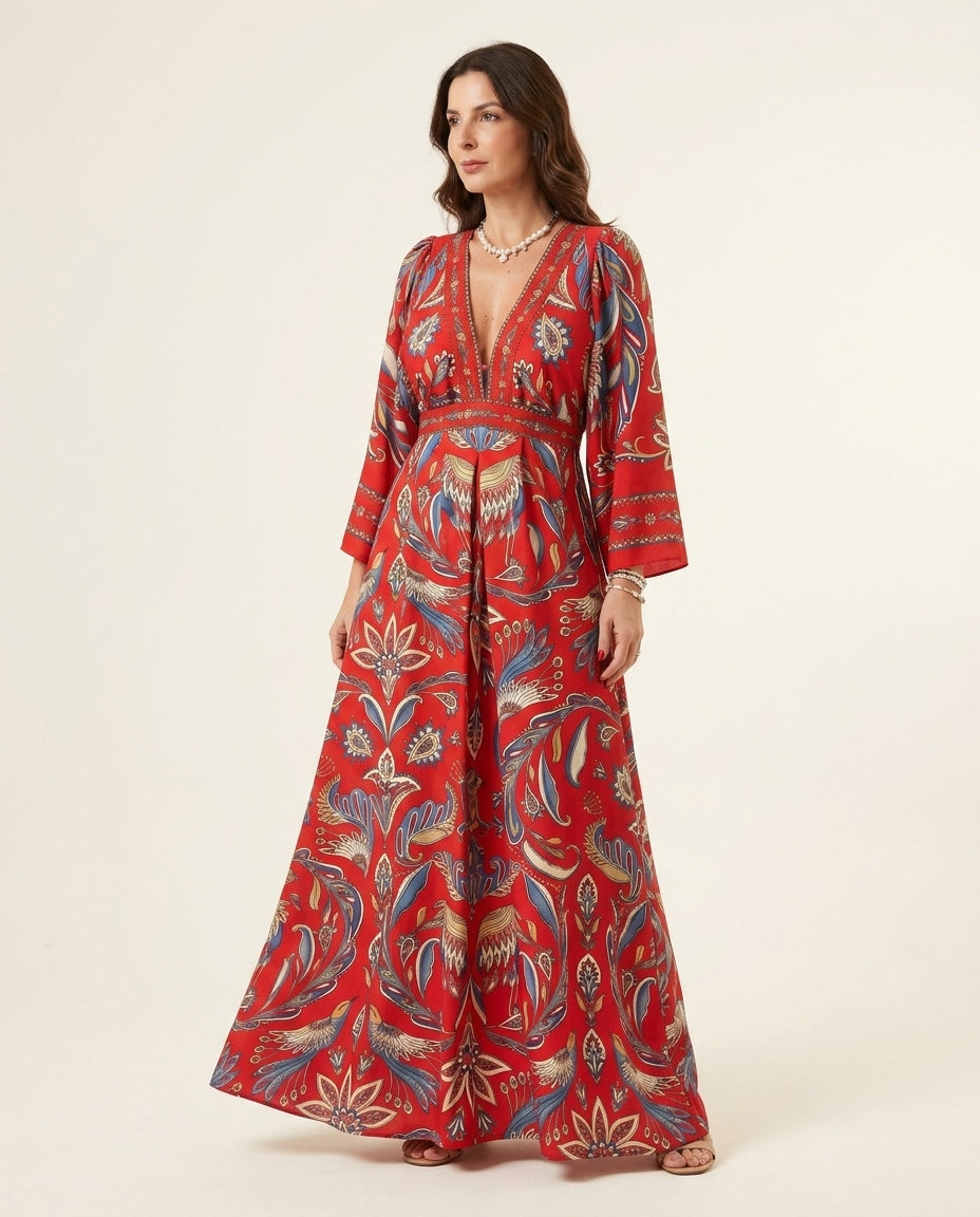 Red Eyelet V-Neck Maxi Dress "Amelie" Red Maxi Dress with Asymmetric silhouette and Textured texture, side or back garment view for Vacation Evening, Evening in Amalfi, Euro Chic Premium