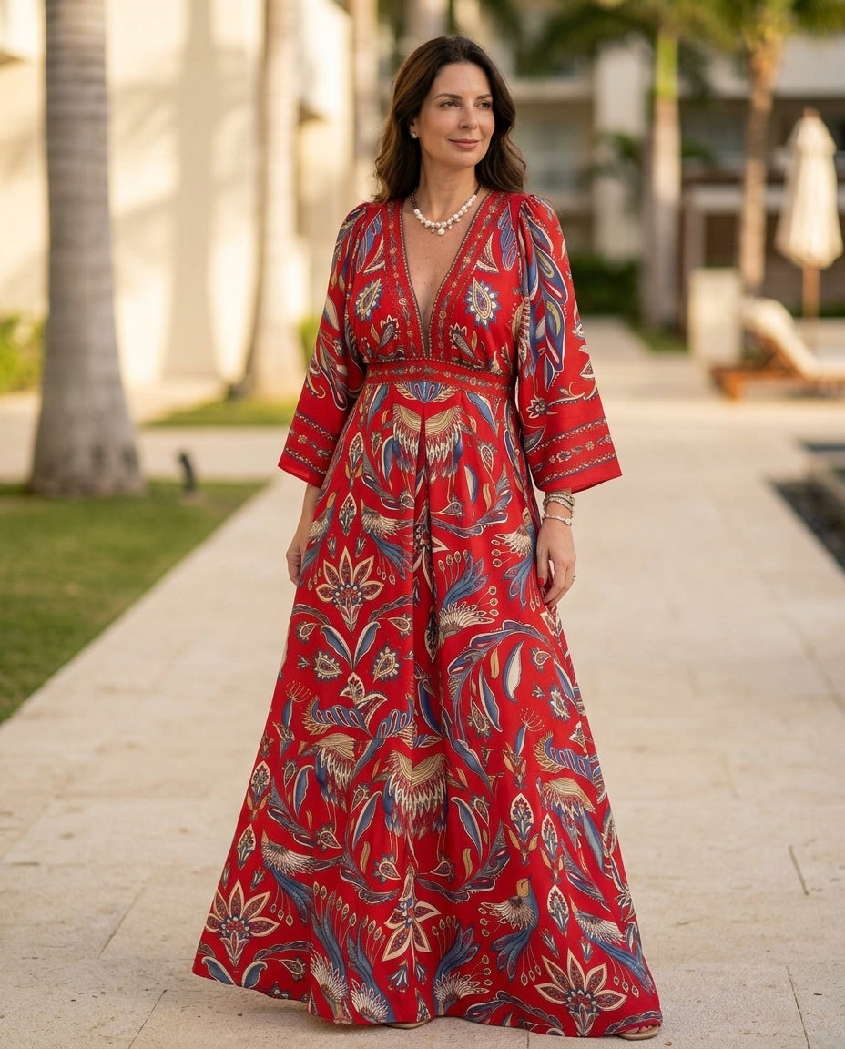 Red Eyelet V-Neck Maxi Dress "Amelie" Red Maxi Dress with Asymmetric silhouette and Textured texture, lifestyle scene image for Vacation Evening, Evening in Amalfi, Euro Chic Premium