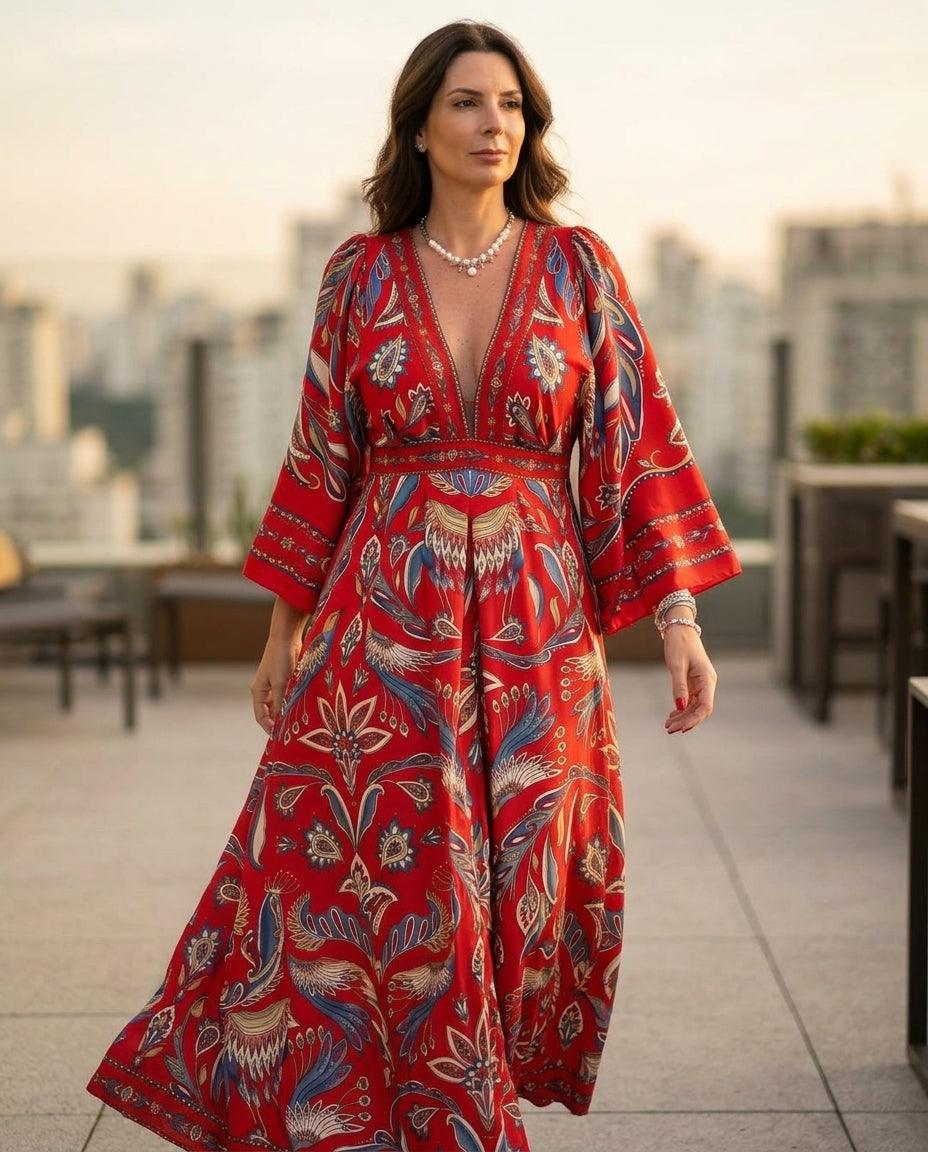 Red Eyelet V-Neck Maxi Dress "Amelie" Red Maxi Dress with Asymmetric silhouette and Textured texture, outdoor styling image for Vacation Evening, Evening in Amalfi, Euro Chic Premium