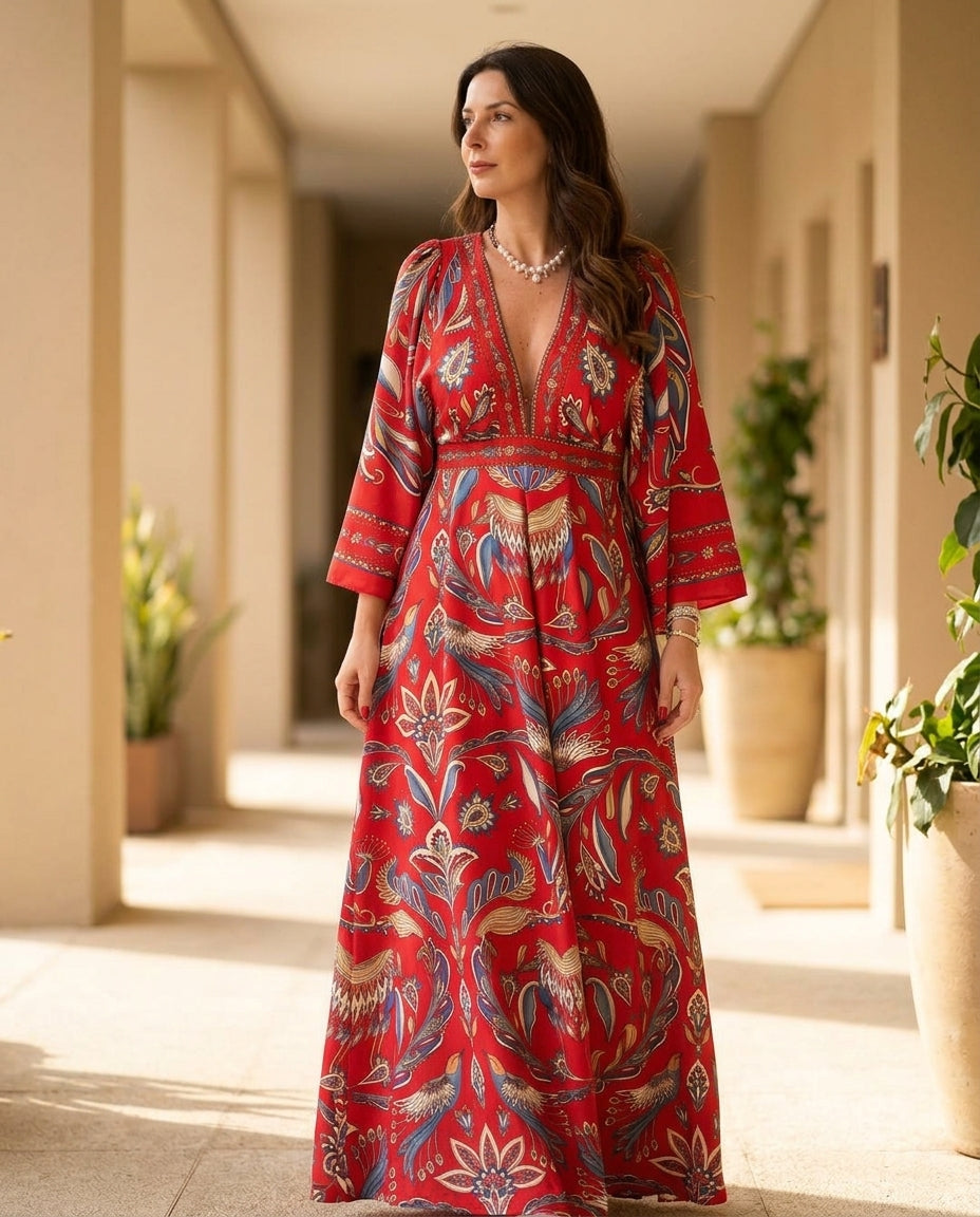 Red Eyelet V-Neck Maxi Dress "Amelie" Red Maxi Dress with Asymmetric silhouette and Textured texture, editorial ecommerce scene for Vacation Evening, Evening in Amalfi, Euro Chic Premium