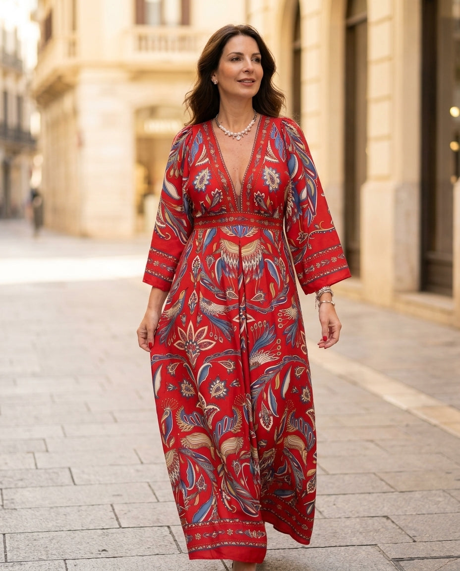 Red Eyelet V-Neck Maxi Dress "Amelie" Red Maxi Dress with Asymmetric silhouette and Textured texture, fabric and construction detail for Vacation Evening, Evening in Amalfi, Euro Chic Premium