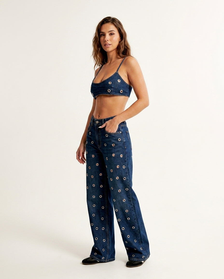 Denim Eyelet V-Neck Pant Set "Margot" Denim Pant Set with Wide-Leg silhouette and Textured texture, clean studio product view for Weekend Escape, Sunset in Malibu, US Coastal Glam