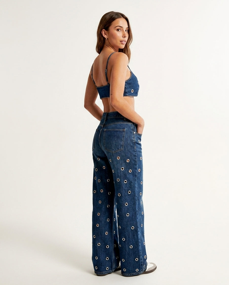 Denim Eyelet V-Neck Pant Set "Margot" Denim Pant Set with Wide-Leg silhouette and Textured texture, side or back garment view for Weekend Escape, Sunset in Malibu, US Coastal Glam