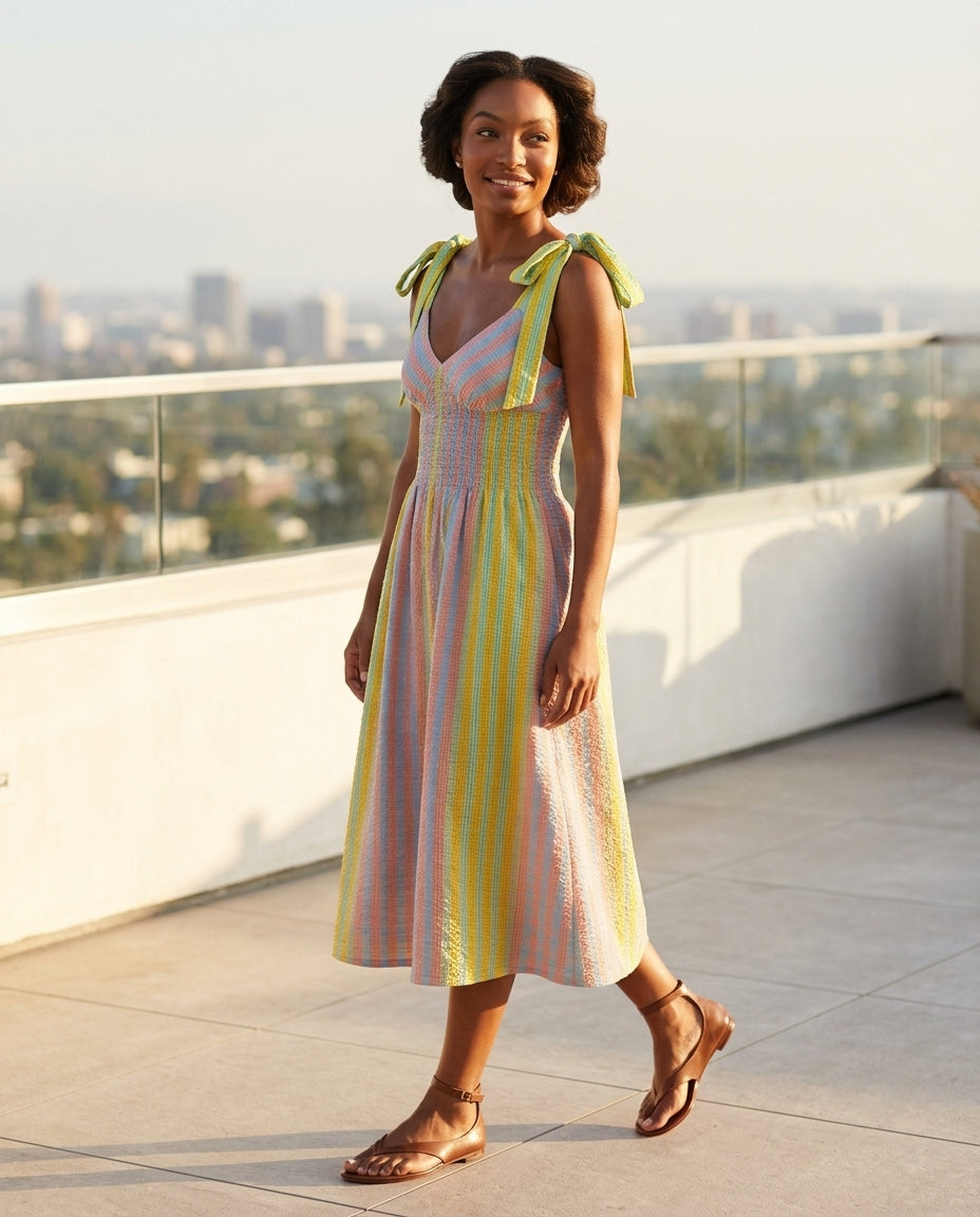 Pink Eyelet V-Neck Maxi Dress "Daphne" Pink Maxi Dress with Relaxed Fit silhouette and Textured texture, outdoor styling image for Resort Wear, Sunset in Malibu, US Coastal Glam