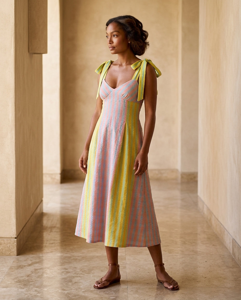 Pink Eyelet V-Neck Maxi Dress "Daphne" Pink Maxi Dress with Relaxed Fit silhouette and Textured texture, editorial ecommerce scene for Resort Wear, Sunset in Malibu, US Coastal Glam