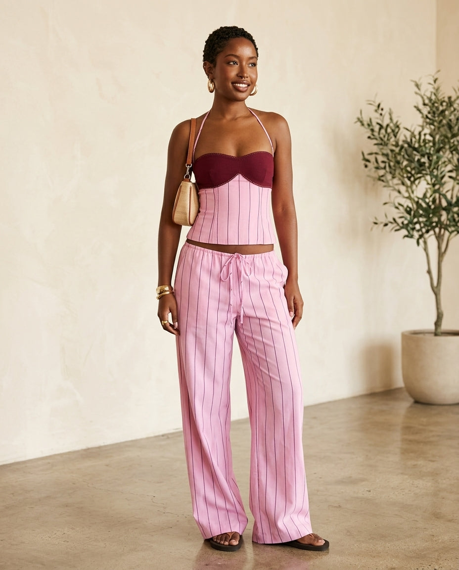 Pink Eyelet Halter Two-Piece Set "Mara" Pink Two-Piece Set with Relaxed Fit silhouette and Textured texture, front view product image for Summer Getaway, Coffee in Marais, Euro Chic Premium