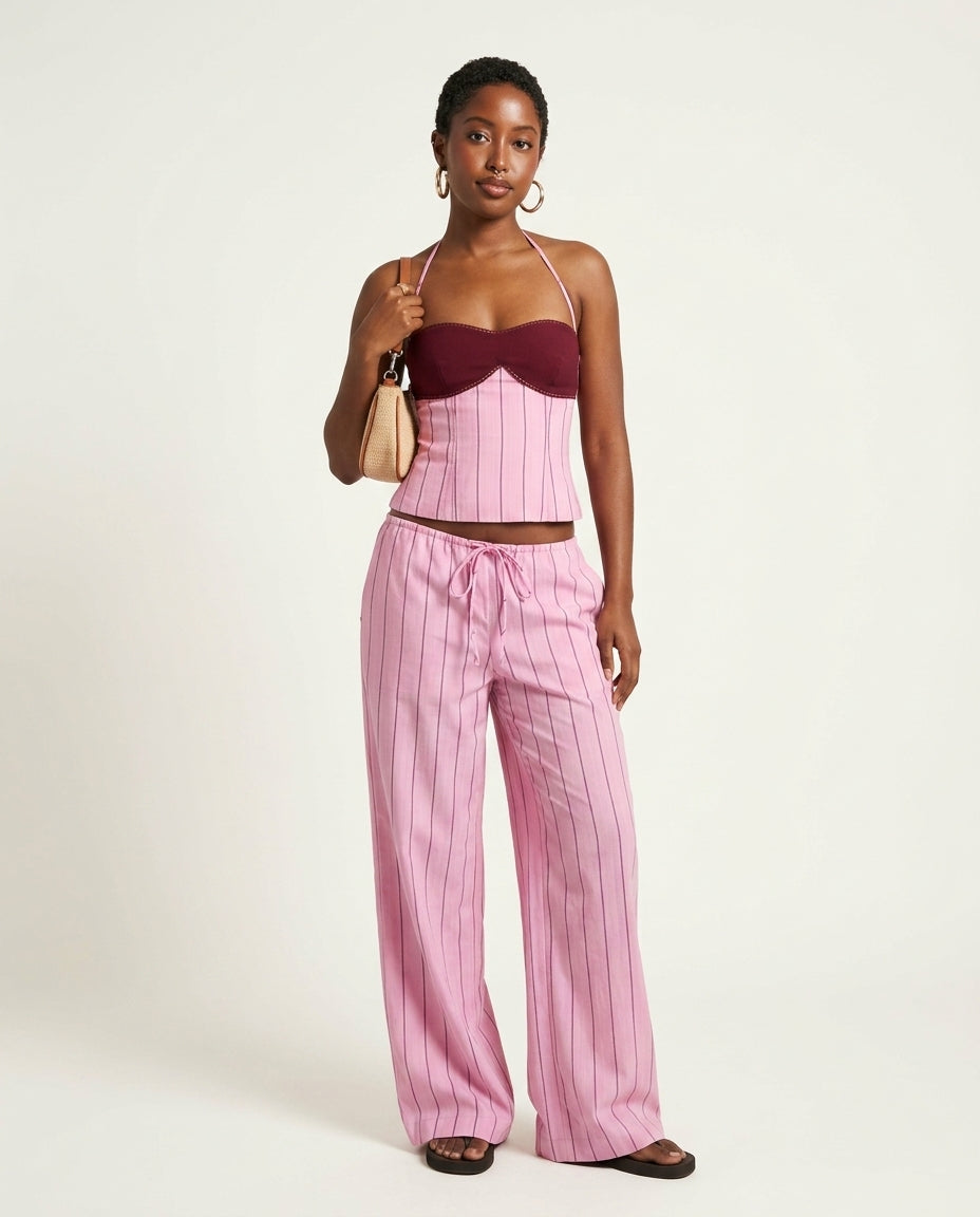 Pink Eyelet Halter Two-Piece Set "Mara" Pink Two-Piece Set with Relaxed Fit silhouette and Textured texture, clean studio product view for Summer Getaway, Coffee in Marais, Euro Chic Premium
