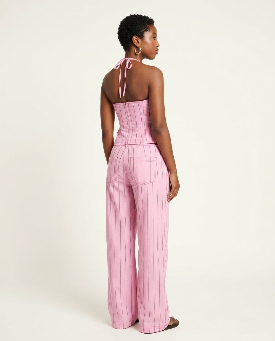 Pink Eyelet Halter Two-Piece Set "Mara" Pink Two-Piece Set with Relaxed Fit silhouette and Textured texture, side or back garment view for Summer Getaway, Coffee in Marais, Euro Chic Premium