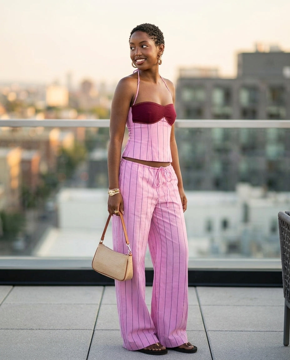 Pink Eyelet Halter Two-Piece Set "Mara" Pink Two-Piece Set with Relaxed Fit silhouette and Textured texture, outdoor styling image for Summer Getaway, Coffee in Marais, Euro Chic Premium