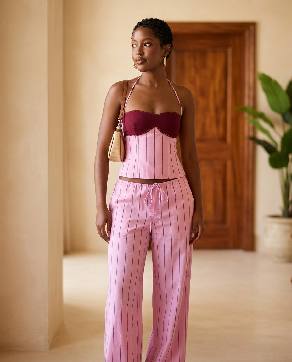 Pink Eyelet Halter Two-Piece Set "Mara" Pink Two-Piece Set with Relaxed Fit silhouette and Textured texture, editorial ecommerce scene for Summer Getaway, Coffee in Marais, Euro Chic Premium