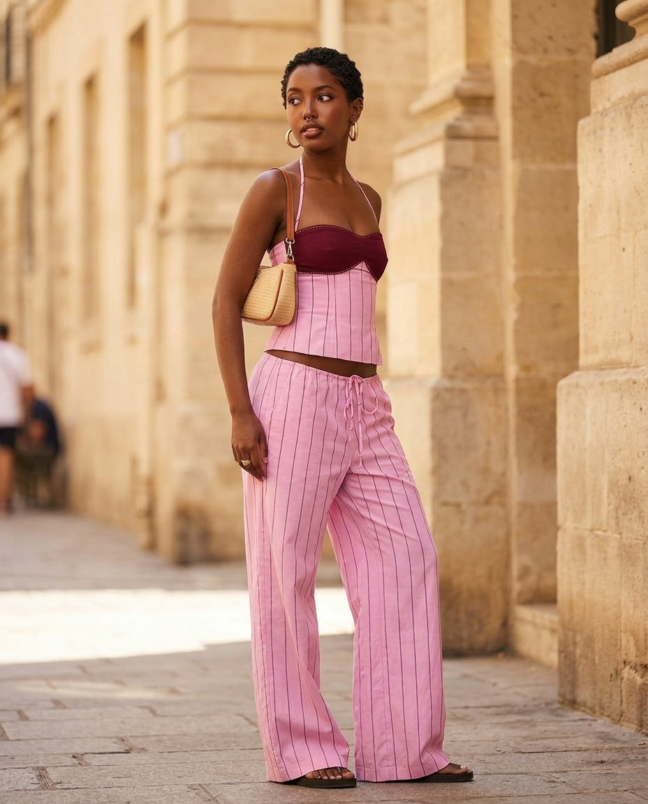Pink Eyelet Halter Two-Piece Set "Mara" Pink Two-Piece Set with Relaxed Fit silhouette and Textured texture, fabric and construction detail for Summer Getaway, Coffee in Marais, Euro Chic Premium