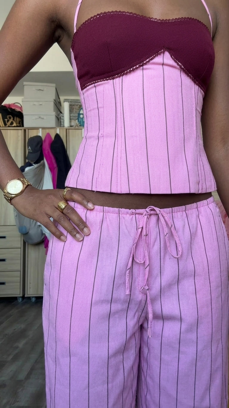 Pink Eyelet Halter Two-Piece Set "Mara" Pink Two-Piece Set with Relaxed Fit silhouette and Textured texture, additional styling view for Summer Getaway, Coffee in Marais, Euro Chic Premium