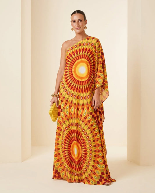 Butter Yellow Eyelet One-Shoulder Maxi Dress "Marina" Butter Yellow Maxi Dress with Asymmetric silhouette and Textured texture, front view product image for Resort Wear, a London dinner reservation, Euro Chic Premium