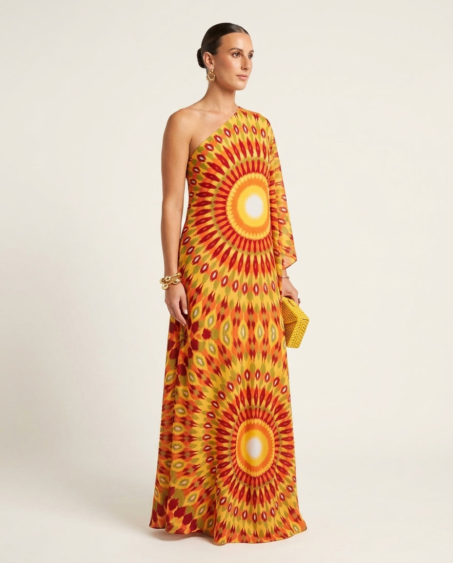 Butter Yellow Eyelet One-Shoulder Maxi Dress "Marina" Butter Yellow Maxi Dress with Asymmetric silhouette and Textured texture, clean studio product view for Resort Wear, a London dinner reservation, Euro Chic Premium