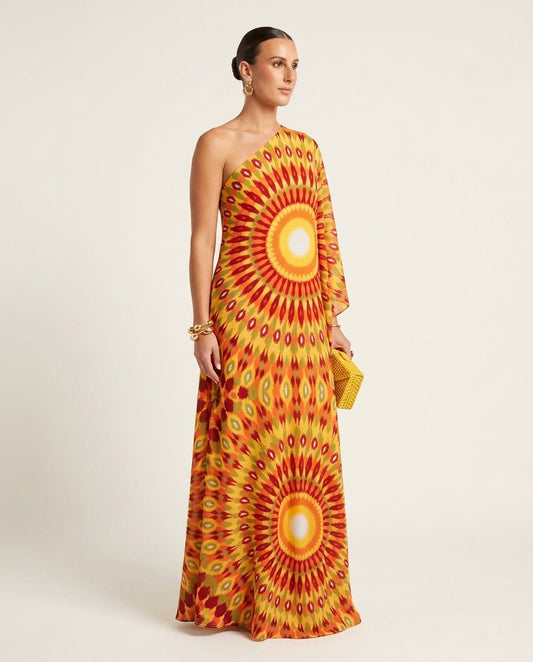 Butter Yellow Eyelet One-Shoulder Maxi Dress "Marina" Butter Yellow Maxi Dress with Asymmetric silhouette and Textured texture, clean studio product view for Resort Wear, a London dinner reservation, Euro Chic Premium