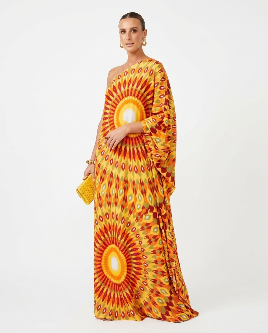 Butter Yellow Eyelet One-Shoulder Maxi Dress "Marina" Butter Yellow Maxi Dress with Asymmetric silhouette and Textured texture, side or back garment view for Resort Wear, a London dinner reservation, Euro Chic Premium