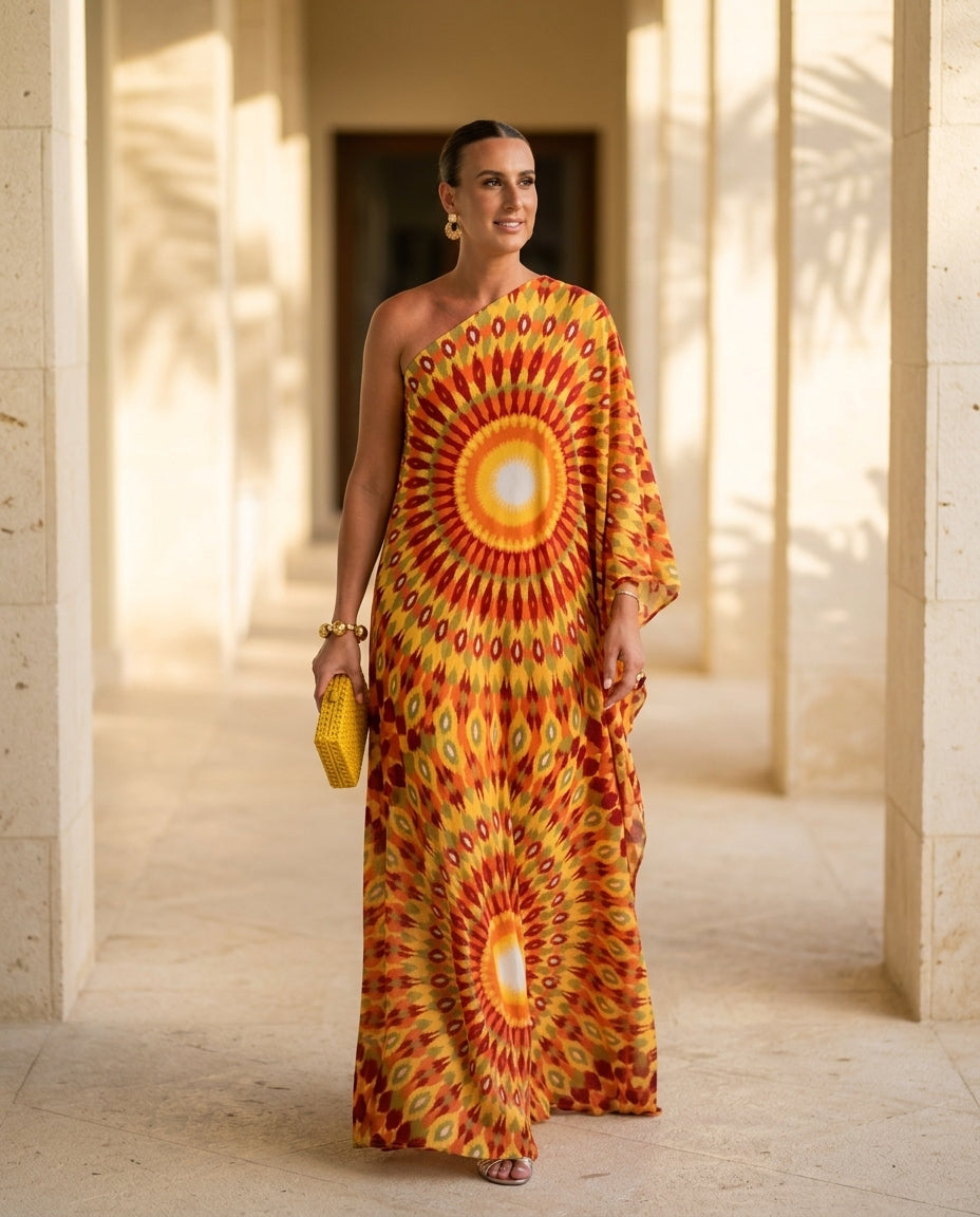 Butter Yellow Eyelet One-Shoulder Maxi Dress "Marina" Butter Yellow Maxi Dress with Asymmetric silhouette and Textured texture, lifestyle scene image for Resort Wear, a London dinner reservation, Euro Chic Premium