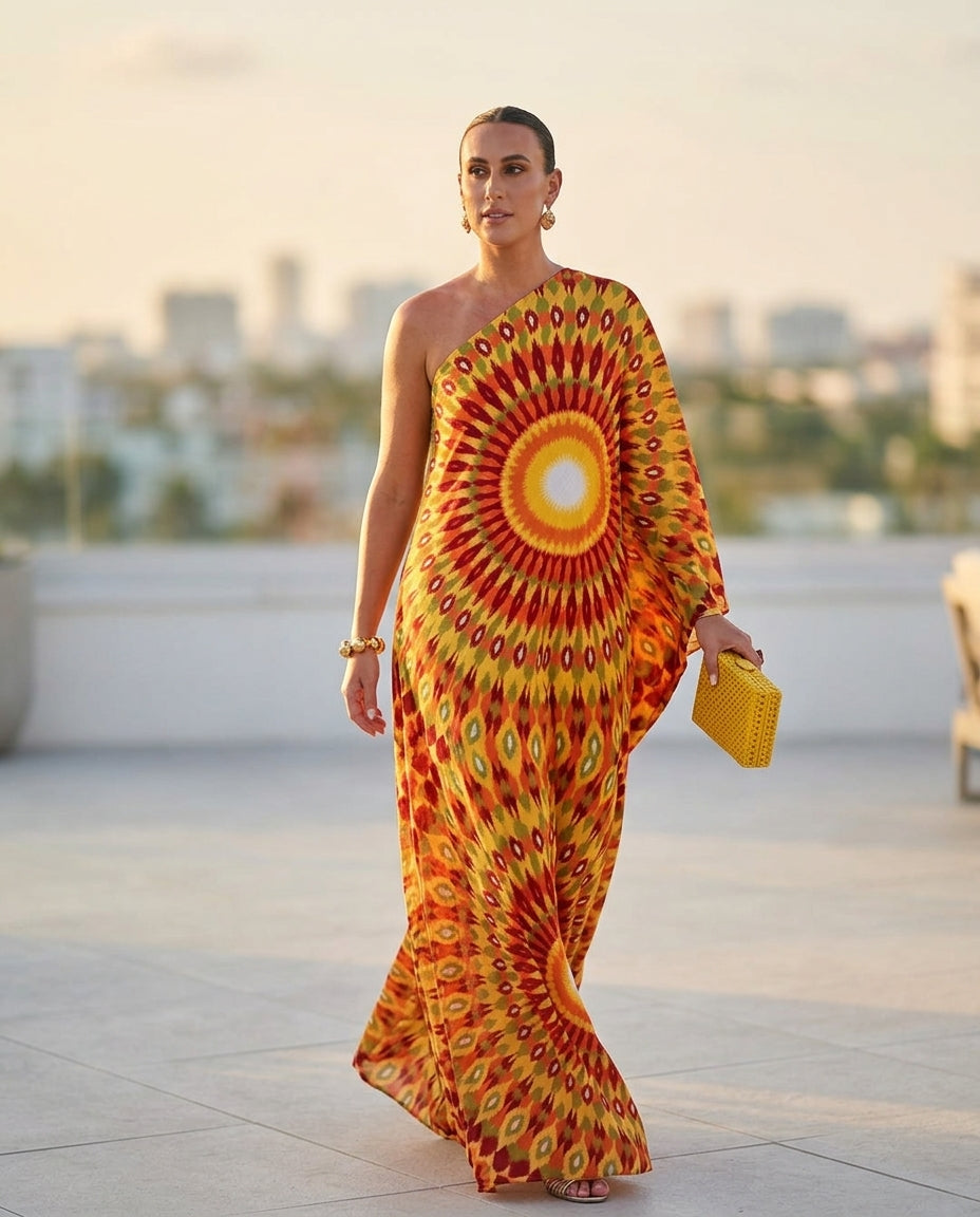 Butter Yellow Eyelet One-Shoulder Maxi Dress "Marina" Butter Yellow Maxi Dress with Asymmetric silhouette and Textured texture, outdoor styling image for Resort Wear, a London dinner reservation, Euro Chic Premium