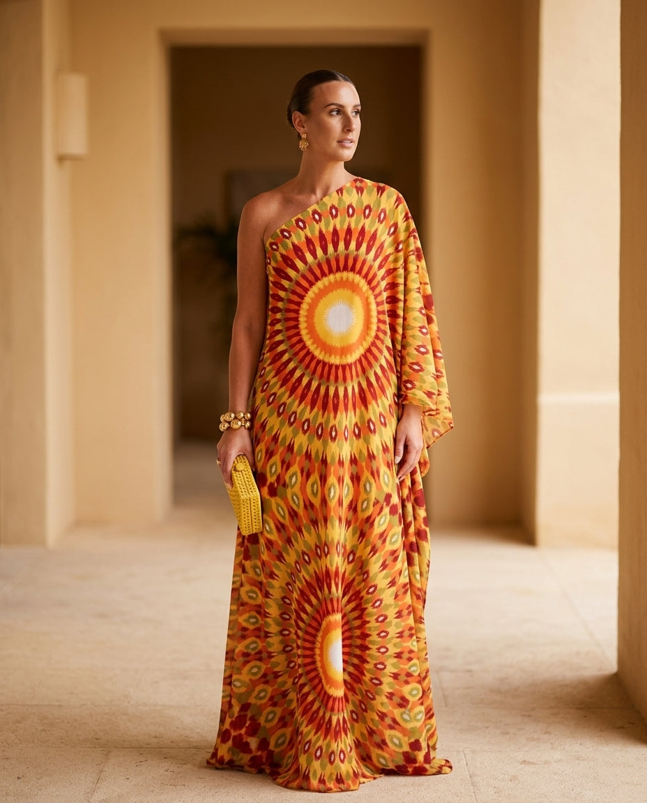Butter Yellow Eyelet One-Shoulder Maxi Dress "Marina" Butter Yellow Maxi Dress with Asymmetric silhouette and Textured texture, editorial ecommerce scene for Resort Wear, a London dinner reservation, Euro Chic Premium