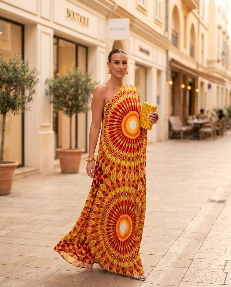 Butter Yellow Eyelet One-Shoulder Maxi Dress "Marina" Butter Yellow Maxi Dress with Asymmetric silhouette and Textured texture, fabric and construction detail for Resort Wear, a London dinner reservation, Euro Chic Premium