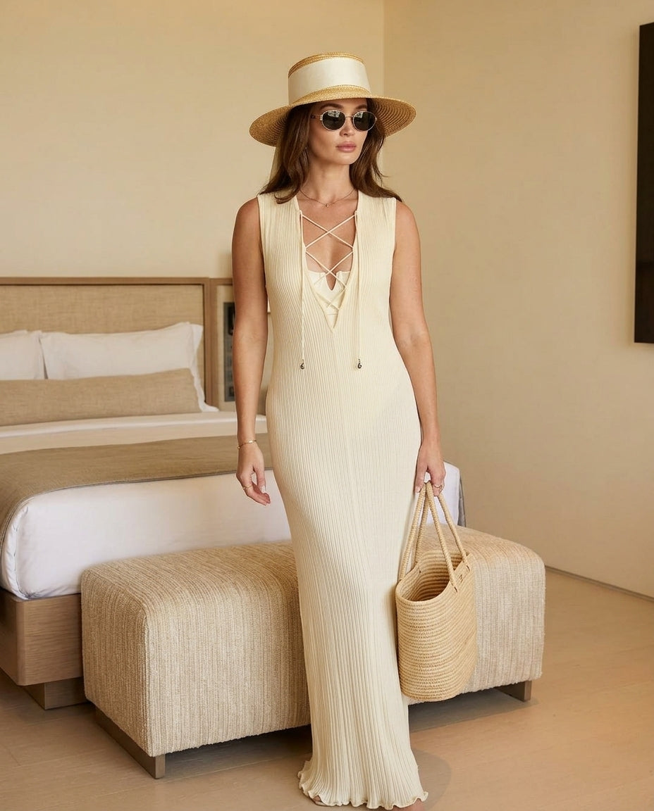 Ivory Eyelet V-Neck Maxi Dress "Valeria" Ivory Maxi Dress with Relaxed Fit silhouette and Textured texture, front view product image for Resort Wear, Weekend in The Hamptons, US East / Hamptons Elite