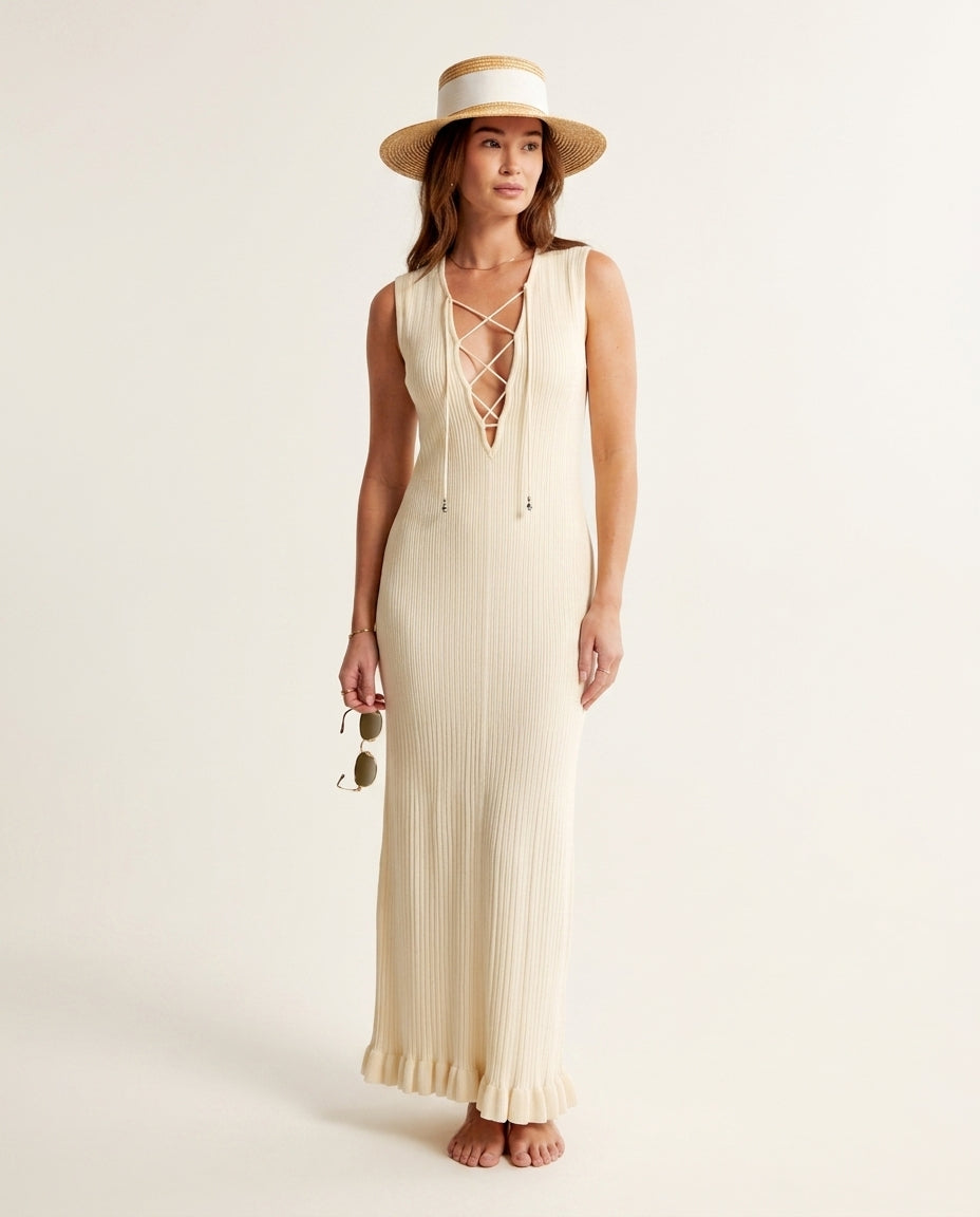 Ivory Eyelet V-Neck Maxi Dress "Valeria" Ivory Maxi Dress with Relaxed Fit silhouette and Textured texture, clean studio product view for Resort Wear, Weekend in The Hamptons, US East / Hamptons Elite