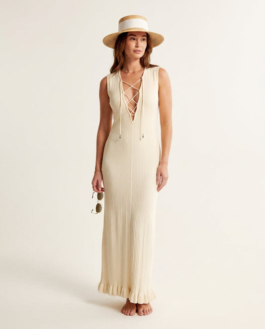 Ivory Eyelet V-Neck Maxi Dress "Valeria" Ivory Maxi Dress with Relaxed Fit silhouette and Textured texture, clean studio product view for Resort Wear, Weekend in The Hamptons, US East / Hamptons Elite