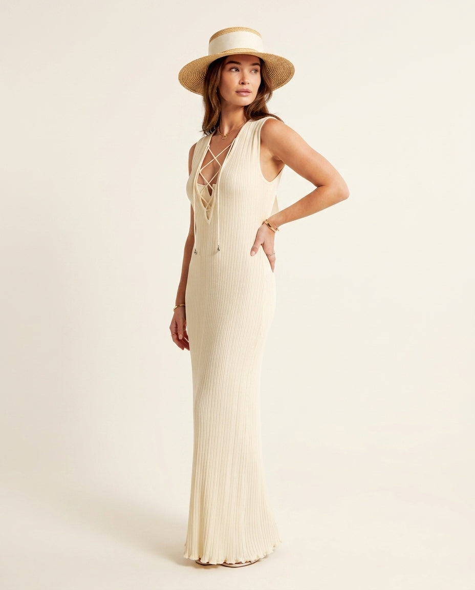 Ivory Eyelet V-Neck Maxi Dress "Valeria" Ivory Maxi Dress with Relaxed Fit silhouette and Textured texture, side or back garment view for Resort Wear, Weekend in The Hamptons, US East / Hamptons Elite