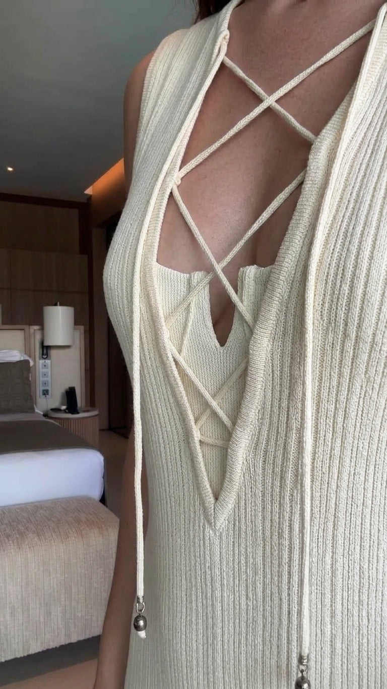 Ivory Eyelet V-Neck Maxi Dress "Valeria" Ivory Maxi Dress with Relaxed Fit silhouette and Textured texture, additional styling view for Resort Wear, Weekend in The Hamptons, US East / Hamptons Elite