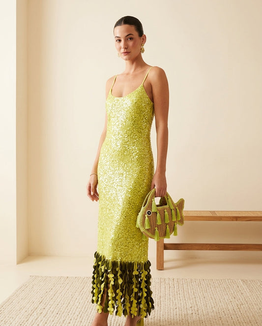 Lime Green Eyelet V-Neck Maxi Dress "Paloma" Lime Green Maxi Dress with Relaxed Fit silhouette and Textured texture, front view product image for Resort Wear, a private garden lunch, US East / Hamptons Elite