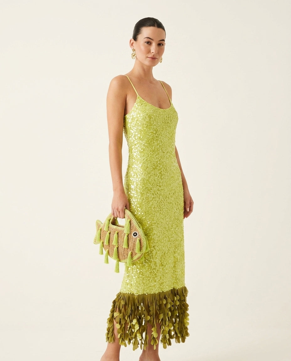 Lime Green Eyelet V-Neck Maxi Dress "Paloma" Lime Green Maxi Dress with Relaxed Fit silhouette and Textured texture, clean studio product view for Resort Wear, a private garden lunch, US East / Hamptons Elite