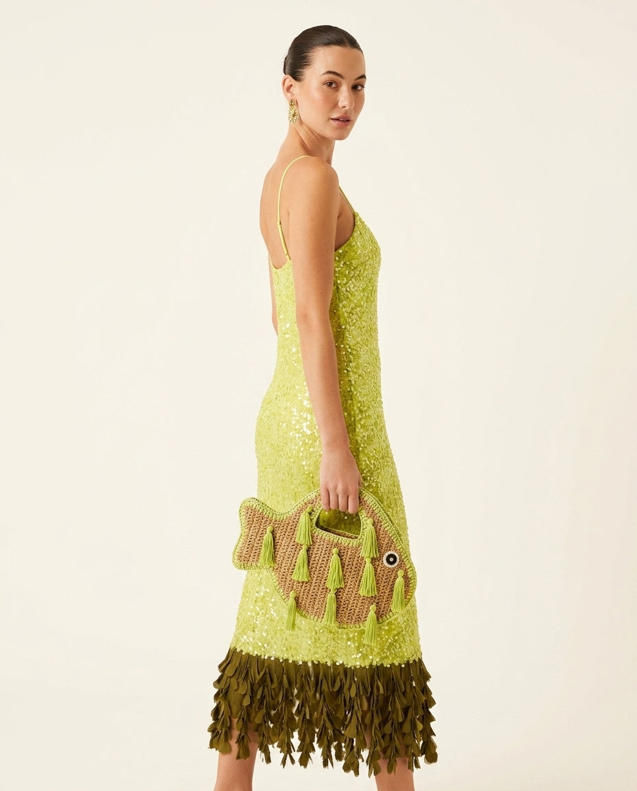 Lime Green Eyelet V-Neck Maxi Dress "Paloma" Lime Green Maxi Dress with Relaxed Fit silhouette and Textured texture, side or back garment view for Resort Wear, a private garden lunch, US East / Hamptons Elite