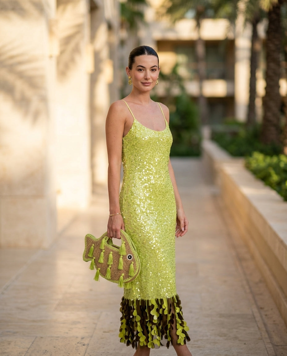 Lime Green Eyelet V-Neck Maxi Dress "Paloma" Lime Green Maxi Dress with Relaxed Fit silhouette and Textured texture, lifestyle scene image for Resort Wear, a private garden lunch, US East / Hamptons Elite