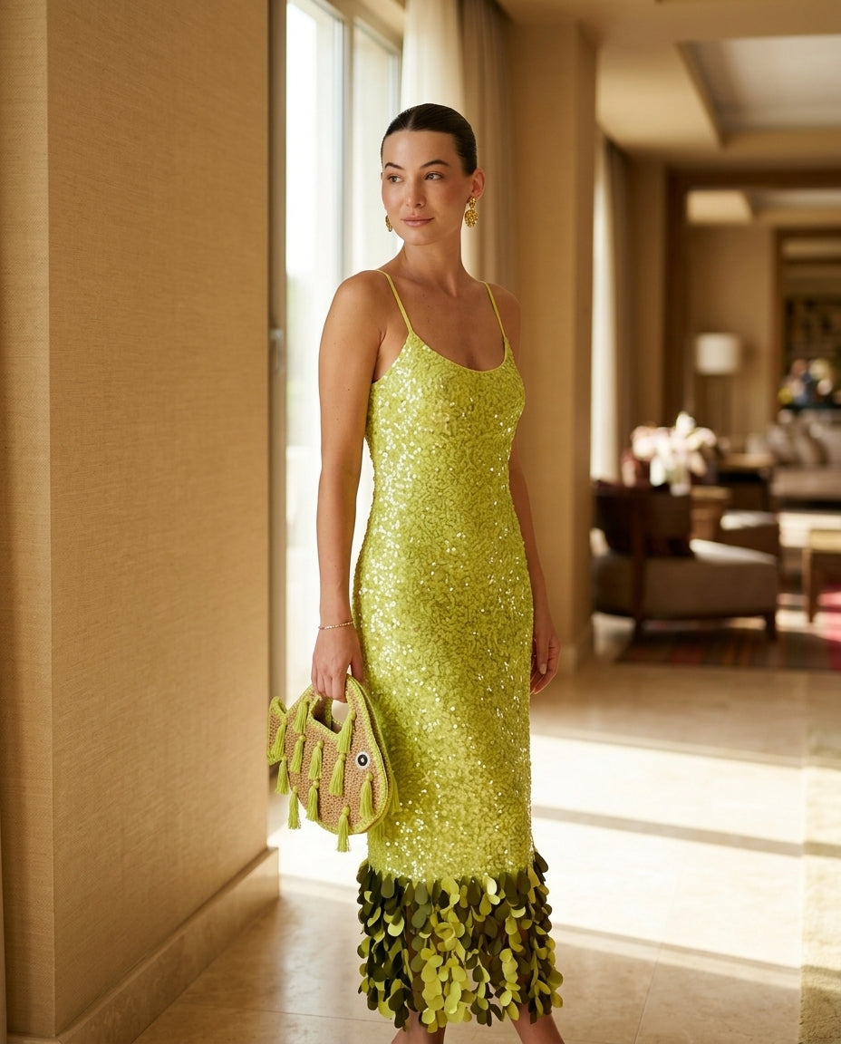Lime Green Eyelet V-Neck Maxi Dress "Paloma" Lime Green Maxi Dress with Relaxed Fit silhouette and Textured texture, editorial ecommerce scene for Resort Wear, a private garden lunch, US East / Hamptons Elite