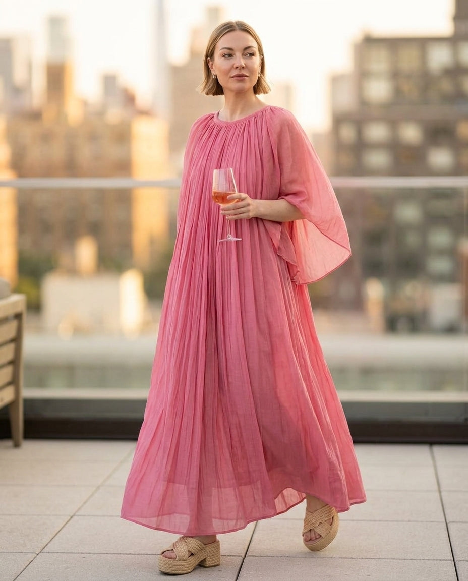 Blue Eyelet V-Neck Maxi Dress "Isla" Blue Maxi Dress with Relaxed Fit silhouette and Textured texture, outdoor styling image for Rooftop Brunch, a private garden lunch, US East / Hamptons Elite