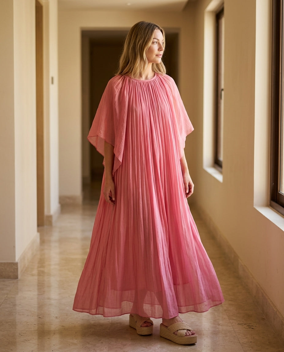Blue Eyelet V-Neck Maxi Dress "Isla" Blue Maxi Dress with Relaxed Fit silhouette and Textured texture, editorial ecommerce scene for Rooftop Brunch, a private garden lunch, US East / Hamptons Elite
