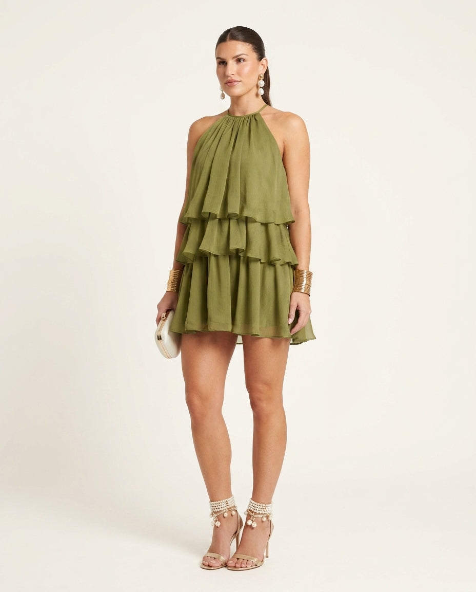 Olive Green Eyelet Halter Maxi Dress "Lucia" Olive Green Maxi Dress with Relaxed Fit silhouette and Textured texture, clean studio product view for Resort Wear, a London dinner reservation, Euro Chic Premium