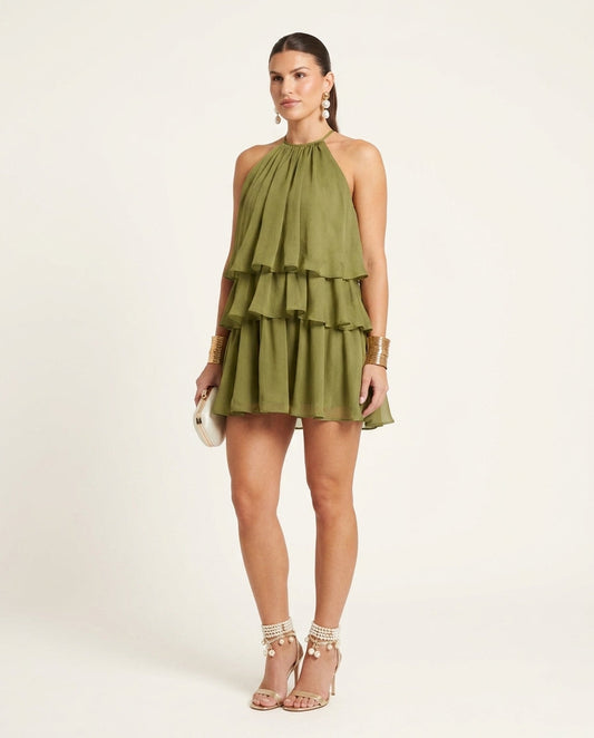Olive Green Eyelet Halter Maxi Dress "Lucia" Olive Green Maxi Dress with Relaxed Fit silhouette and Textured texture, clean studio product view for Resort Wear, a London dinner reservation, Euro Chic Premium