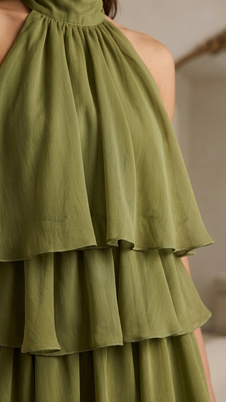 Olive Green Eyelet Halter Maxi Dress "Lucia" Olive Green Maxi Dress with Relaxed Fit silhouette and Textured texture, additional styling view for Resort Wear, a London dinner reservation, Euro Chic Premium