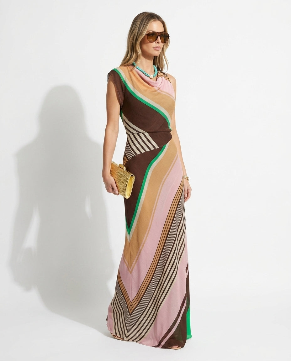 Brown Eyelet V-Neck Maxi Dress "Estelle" Brown Maxi Dress with Asymmetric silhouette and Textured texture, side or back garment view for Resort Wear, a rooftop dinner in LA, US Coastal Glam