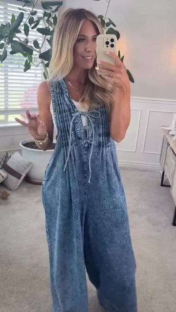 Blue denim pleated jumpsuit