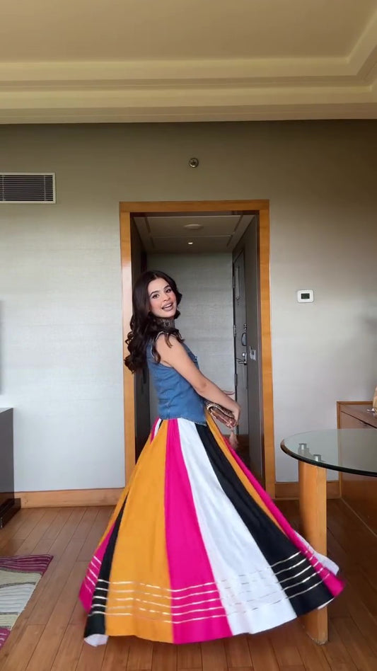 Bohemian Color Block Striped Skirt Denim Vest Set