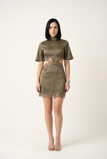 Women's Satin and Lace Mock Neck Cut-Out Mini Dress for Evening