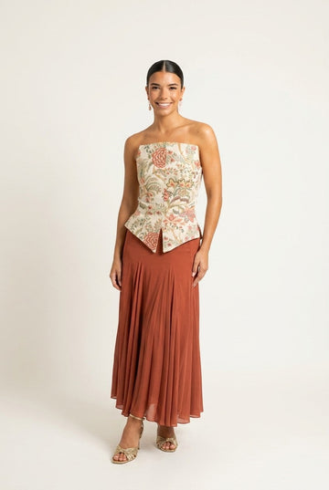 Women's Floral Tapestry Strapless Blouse and Pleated Skirt Set