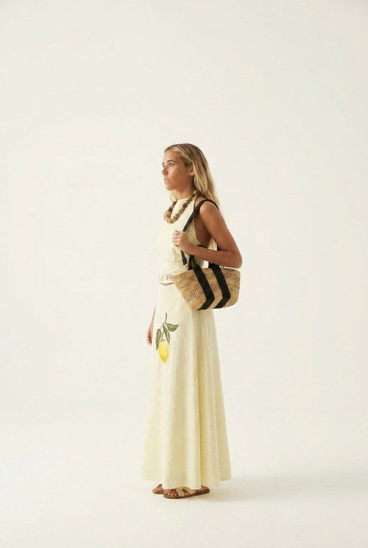 Women's Mediterranean Lemon Print Halter Maxi Dress with Embroidered Waist