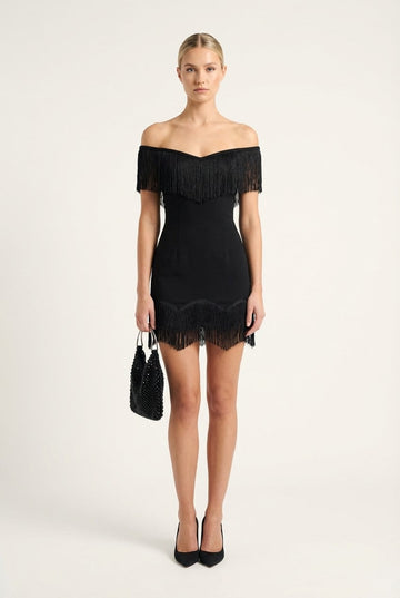 Women's Fringe Trim Off-the-Shoulder Mini Dress Bodycon Cocktail Vibe